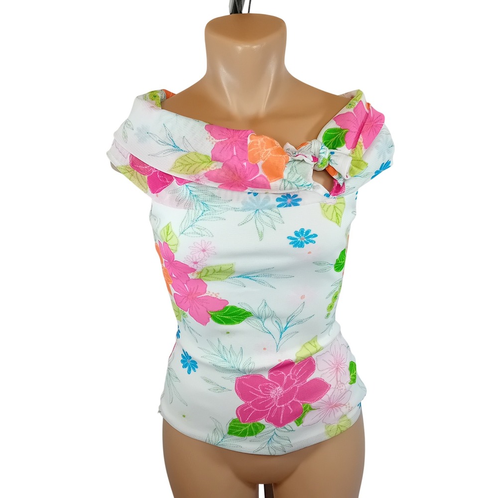 Vintage Y2K Dynamite Floral Mesh Off Shoulder Tie Top ResortWear Tropical Boho S